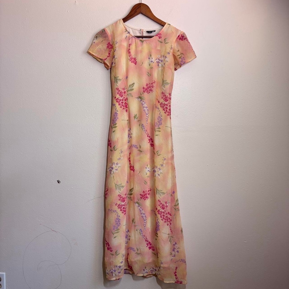 Vtg Y2K My Michelle Butter Yellow Botanical Summer Chiffon Dress Tie Back Sz 3/4
